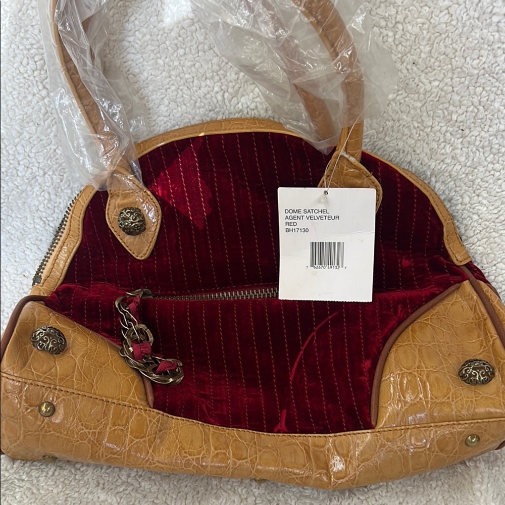 Betsey Johnson Tan and Red Satchel with Dome Shape and Embossed Leather